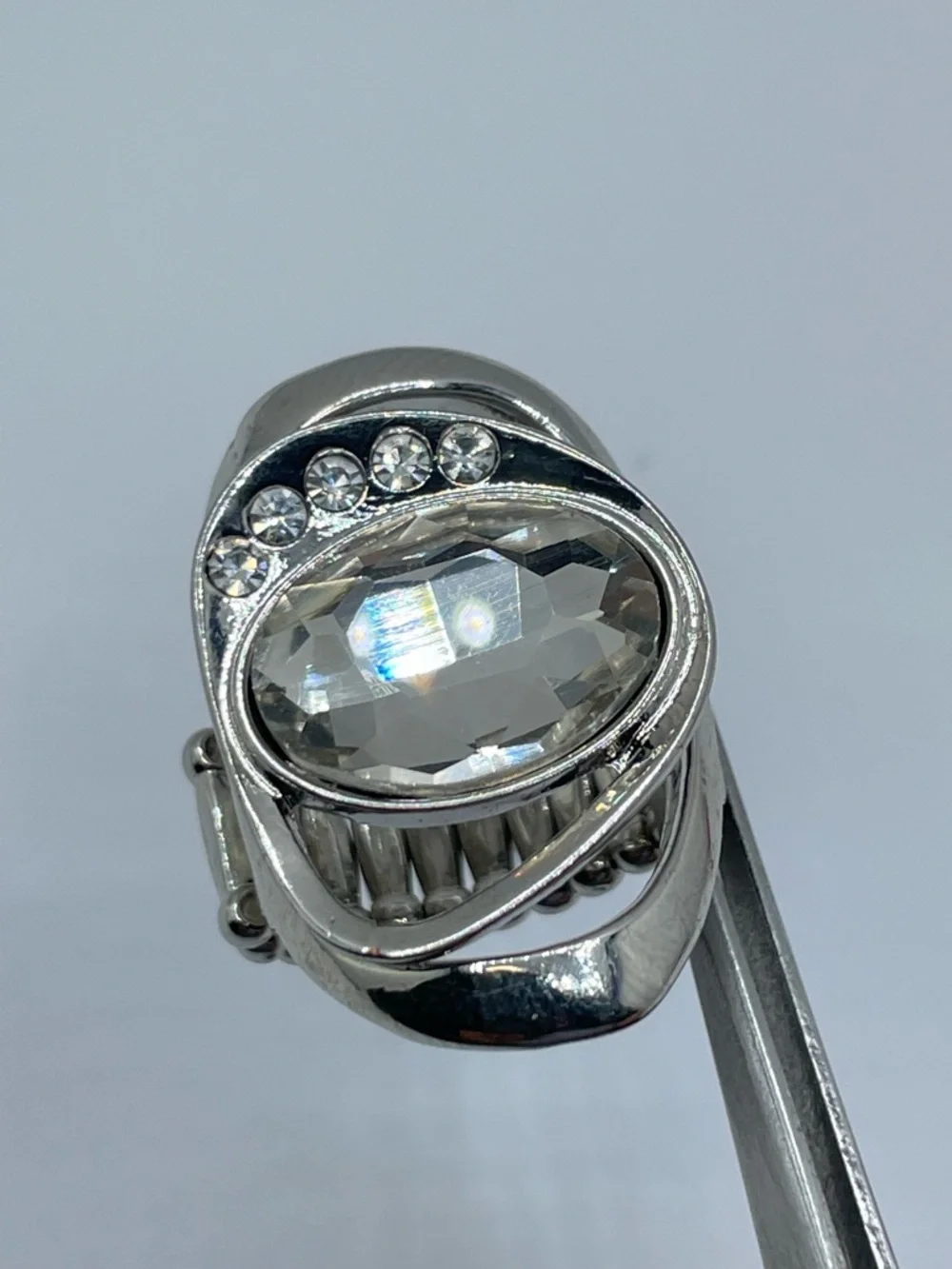 Silver Tone Crystal Glass Stretch Ring Large Oval Statement Adjustable